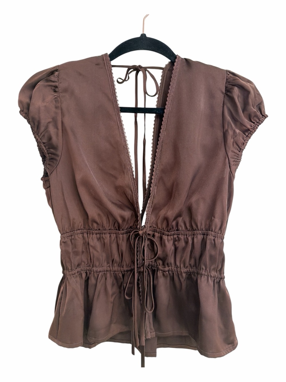 Wayf Chocolate Brown V-Neck Drawstring Waist Blouse - Picture 4 of 5